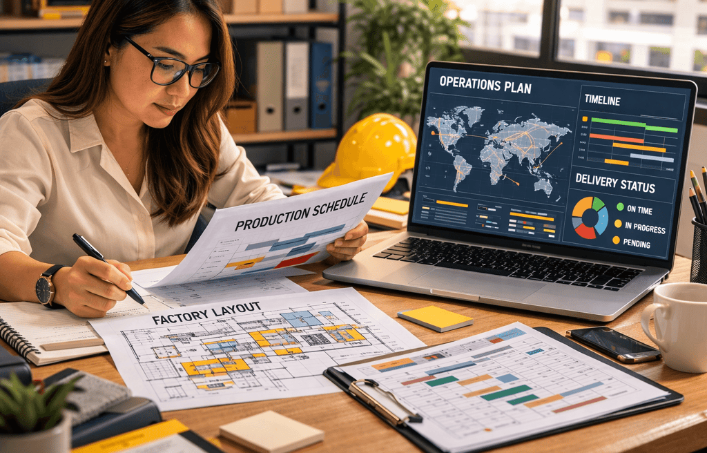 Filipino operations specialist reviewing factory layouts and production schedules at a desk.