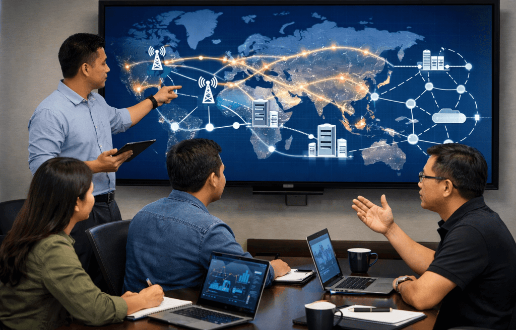 Filipino telecom engineers reviewing global network infrastructure on a meeting room screen.