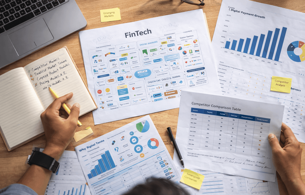 FinTech market research documents and competitor analysis on desk