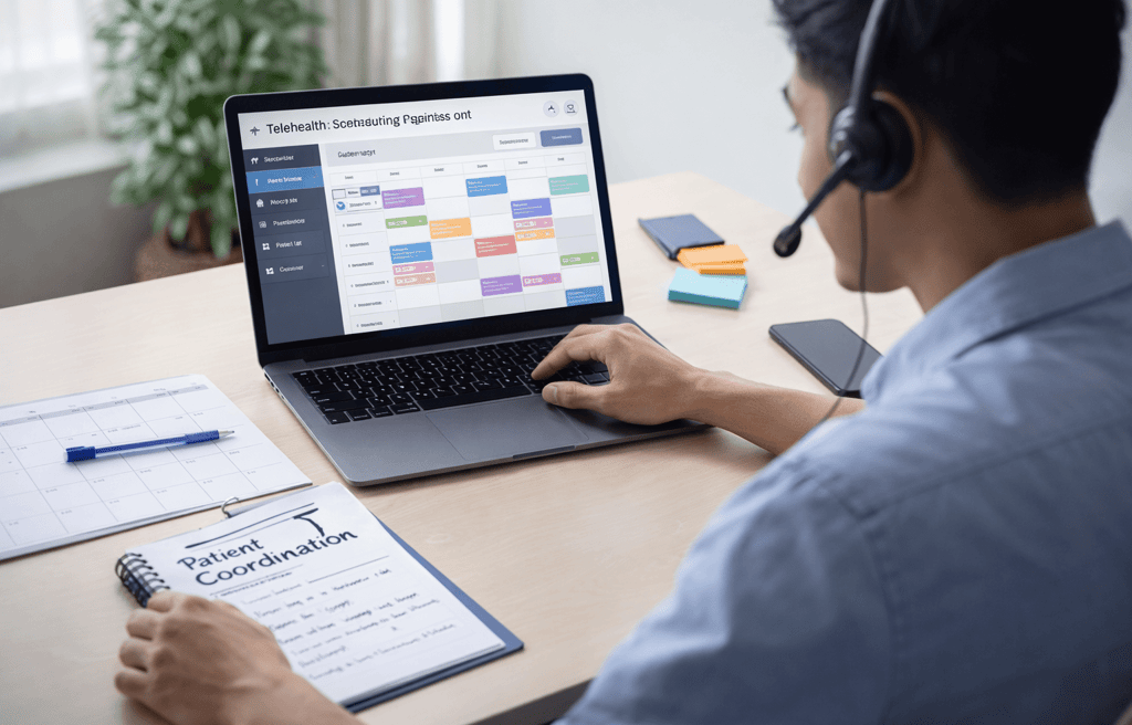 Filipino virtual assistant managing telehealth operations on laptop