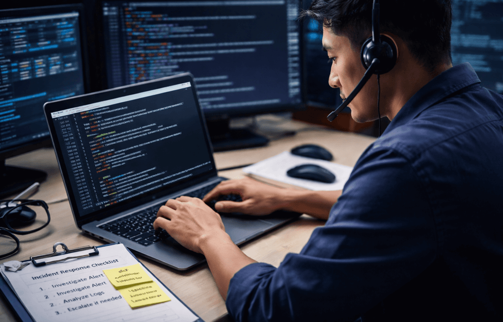 Filipino L2 engineer reviewing cybersecurity logs on laptop