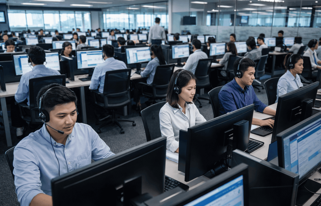 Filipino agents working in modern BPO call center office