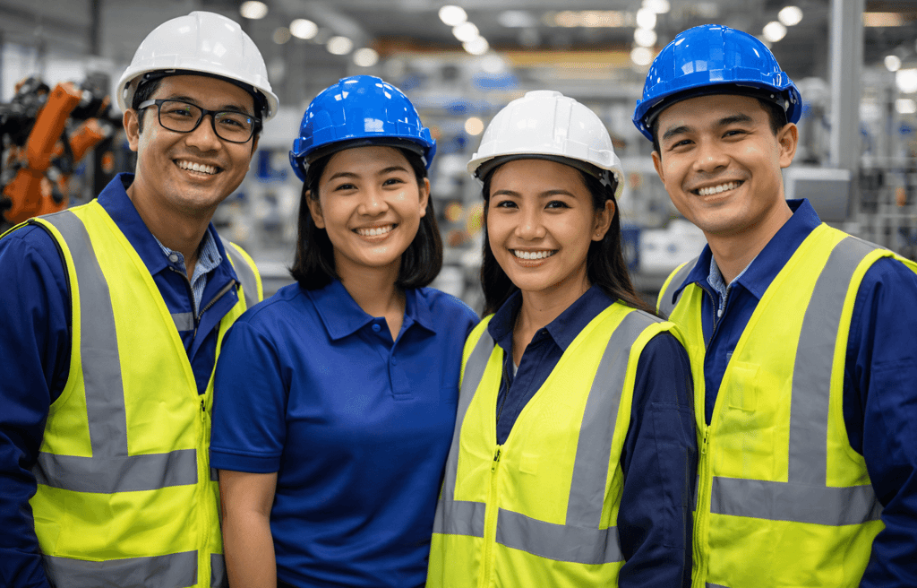 Asian manufacturing workers smiling in a modern factory.