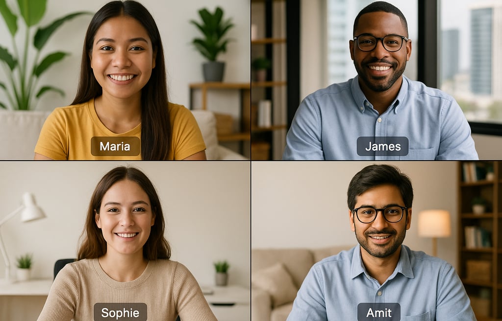 split-screen concept showing 3–4 employees joining from different countries