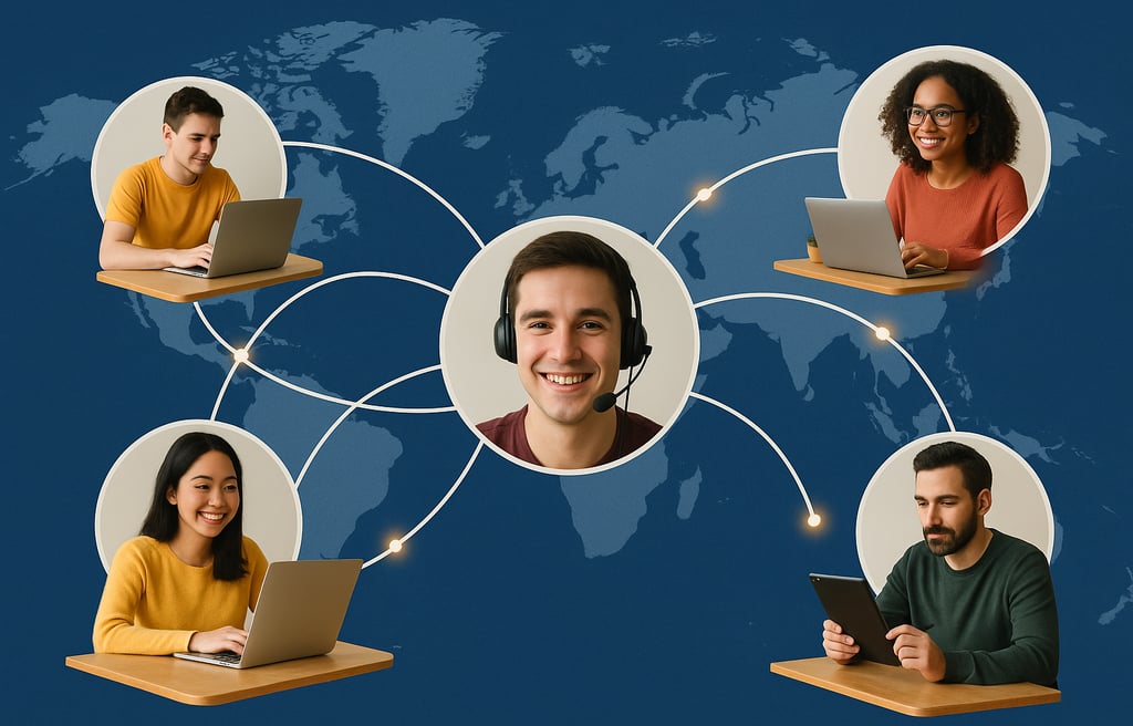 world map with glowing connection lines linking multiple remote professionals