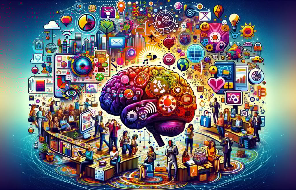 a brain and marketing symbols