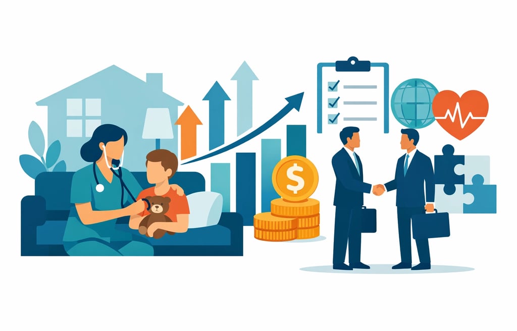 A professional medical setting showing a pediatric home health provider interacting with a young pat