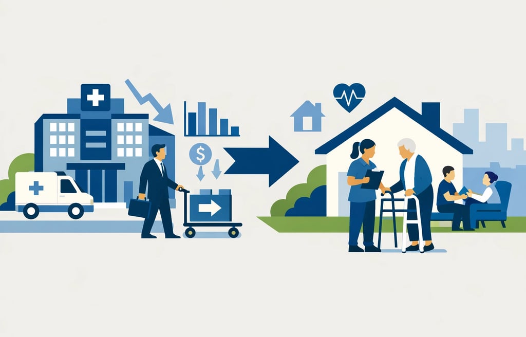 A conceptual image of a hospital building with a "spinoff" arrow pointing toward a home health setti