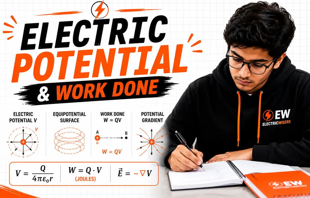 Electric Potential and Work Done explained with equipotential surfaces, electric field formulas and 