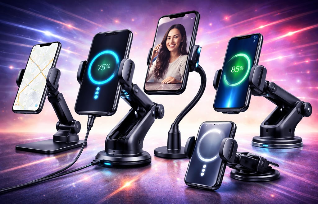 Adjustable magnetic car phone mounts and wireless chargers with smartphones on a glowing background.