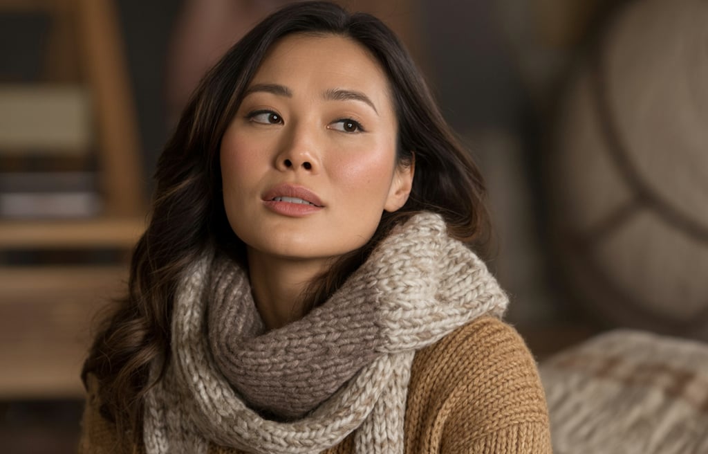 a woman in a sweater and scarf around her neck