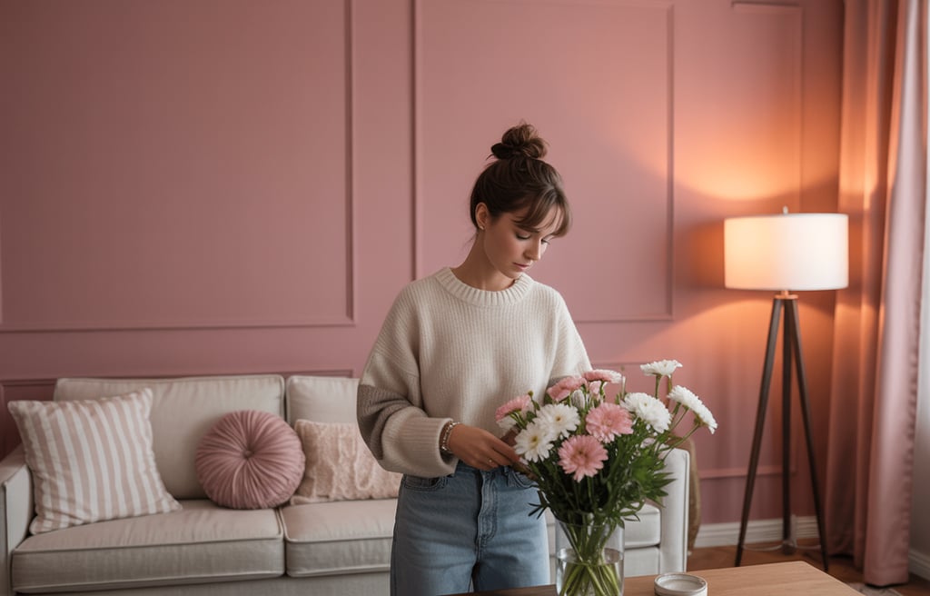 a woman standing in front of a couch with flowers