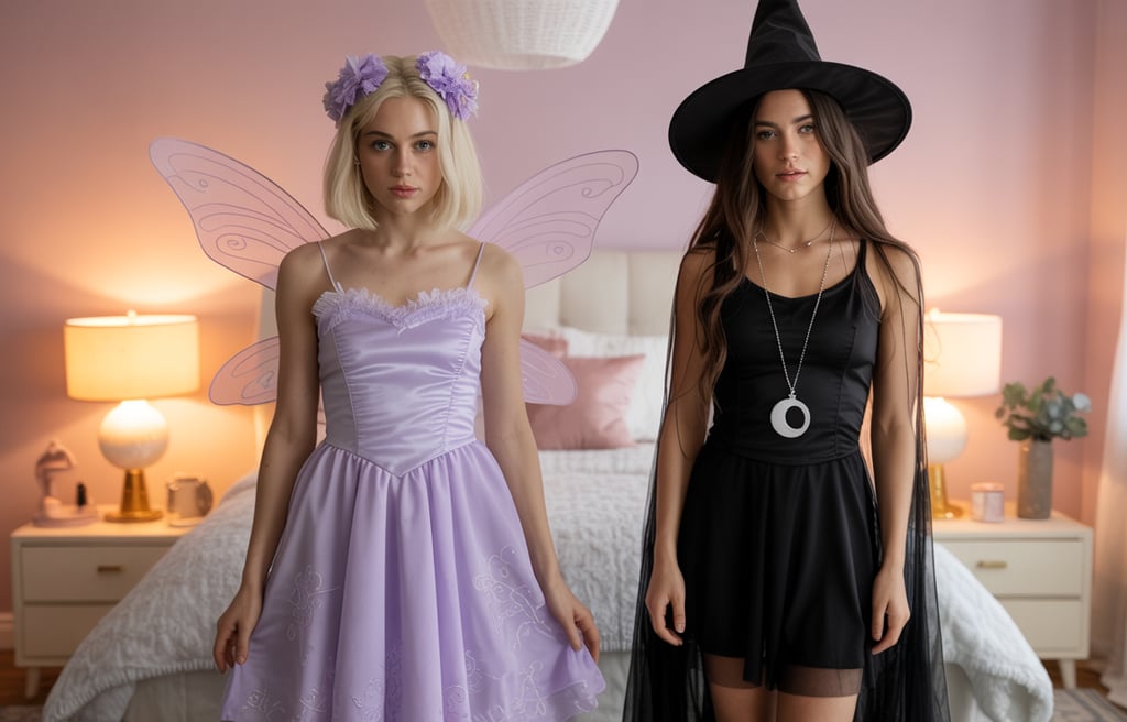 two women dressed in costumes for halloween