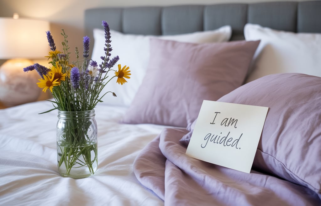a vase with flowers in a vase on a bed