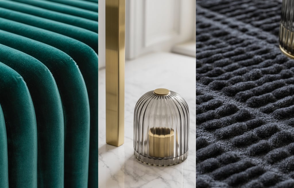 Luxury interior textures featuring teal velvet upholstery, a fluted glass candle holder, and a black waffle knit rug.