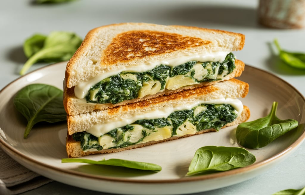 a sandwich sandwich with cheese and spinach on a plate