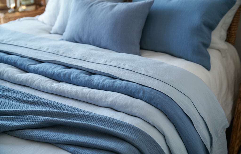 Layered blue linen bedding and textured waffle throw blanket on a cozy made bed.