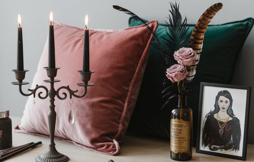 Gothic home decor featuring a black candelabra with lit candles, velvet pillows, and dried roses in a vintage bottle.