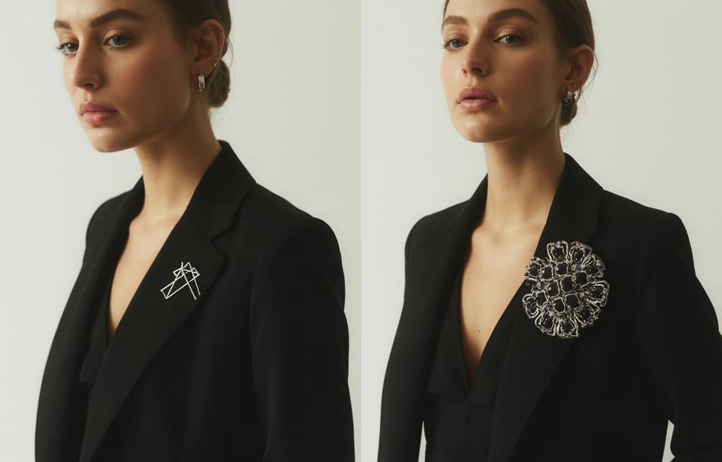 Elegant woman wearing a black blazer with stylish silver and floral brooch pins for luxury fashion.