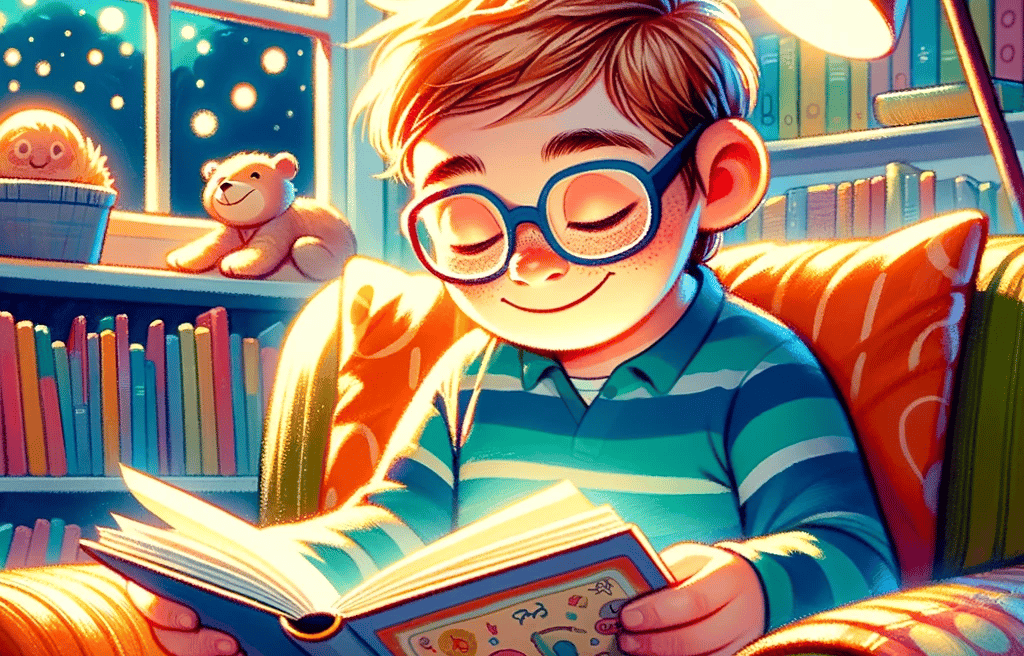 un dibujo de un niño con gafas leyendo