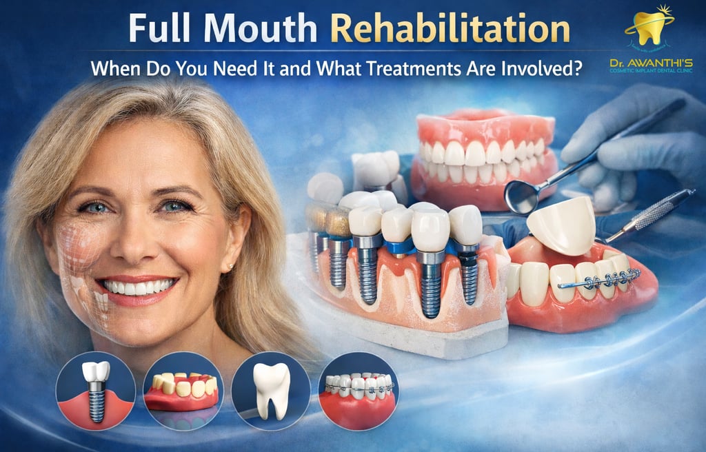 Full Mouth Rehabilitation featured image showing a smiling woman, dental implants, crowns, dentures,
