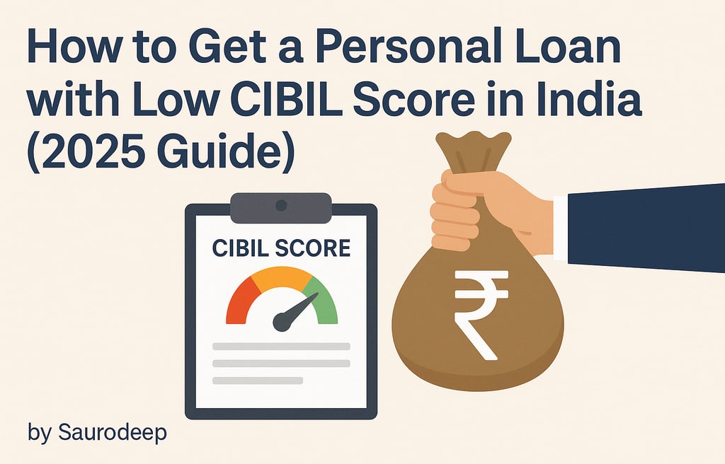 Infographic showing steps to get a personal loan in India with a low CIBIL score and best lenders in 2025