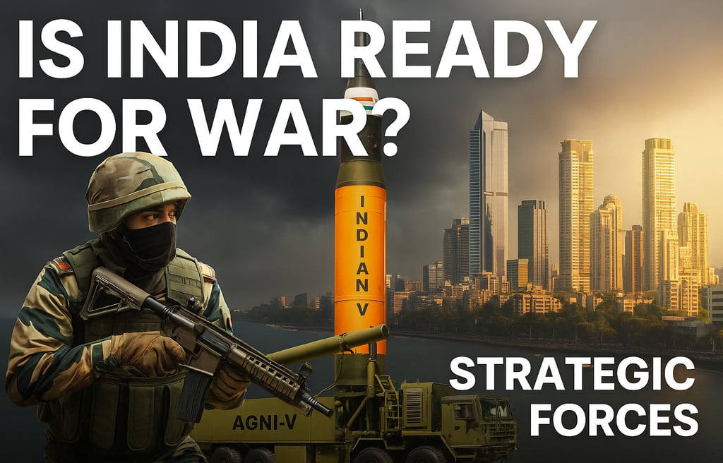 An image representing Indian military and civil readiness for war in 2025, including armed forces, nuclear deterrence, and ci
