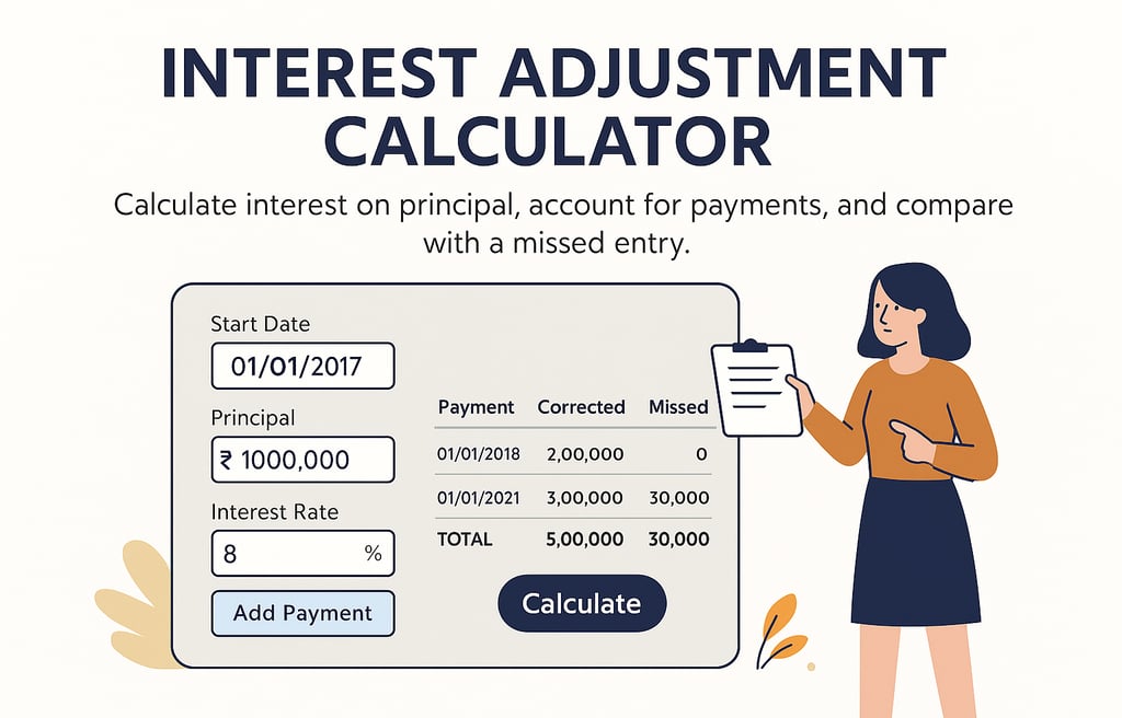  A flat-style digital illustration displays an Interest Adjustment Calculator tool for tracking payments, interest, and misse