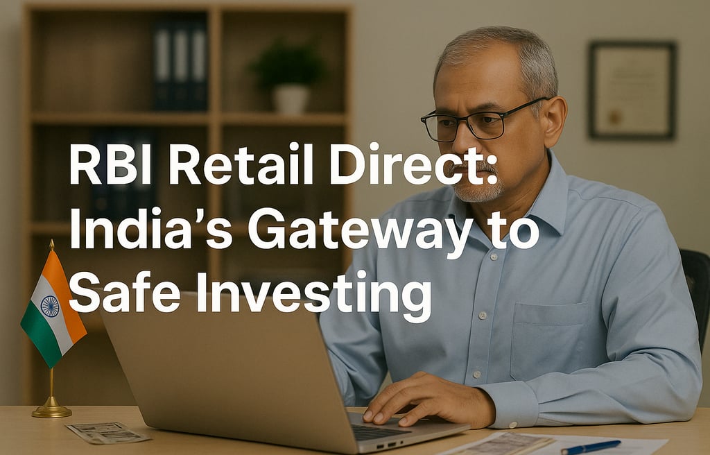 Middle-aged Indian investor working on laptop representing RBI Retail Direct Scheme as a safe gateway to investing in governm