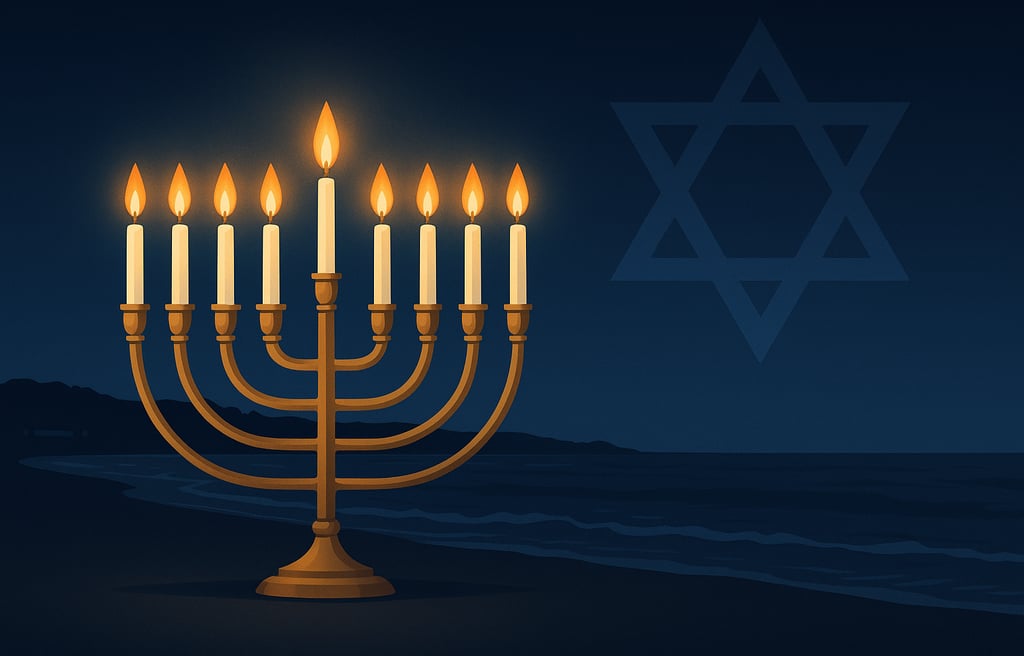 “Illustration of a glowing Hanukkah menorah with nine lit candles on Bondi Beach at night, with a faint Star of David in the