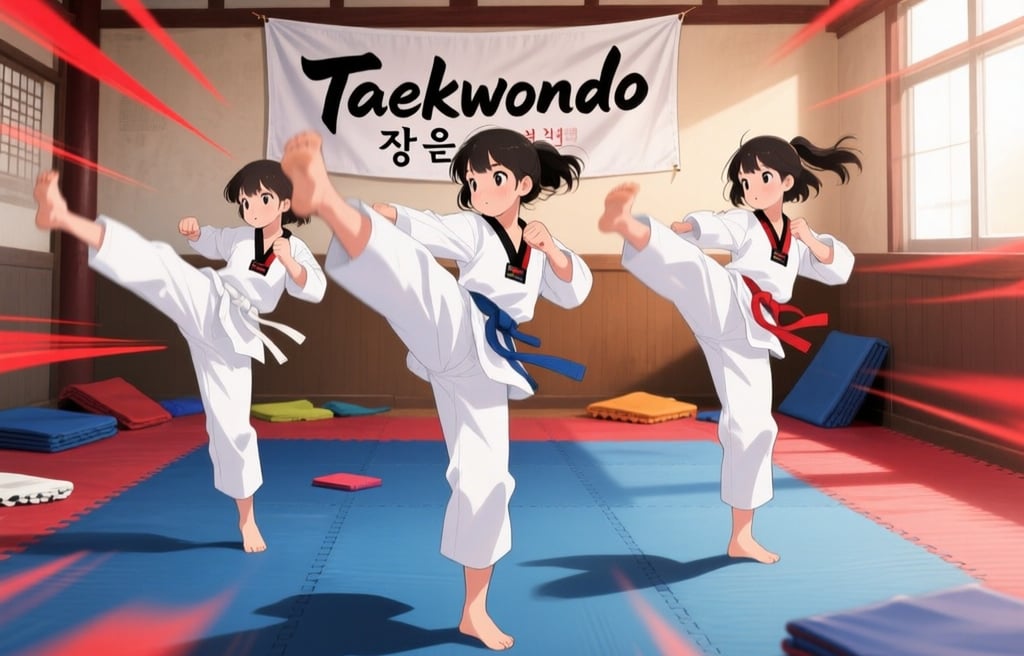 tres niñas practicando taekwondo