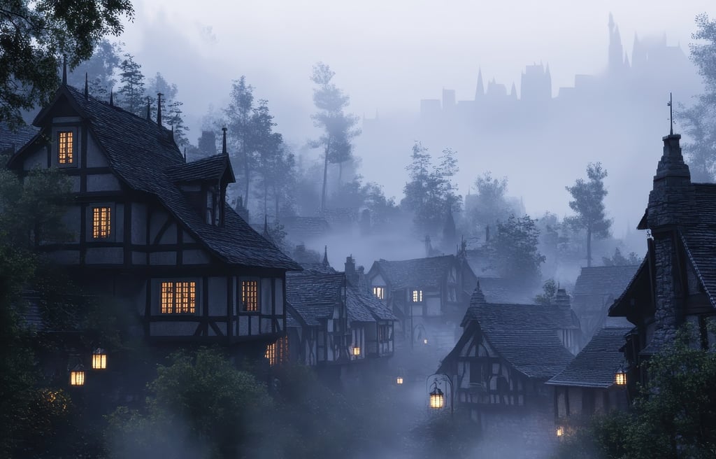 A misty medieval village at dusk, with glowing windows and a distant castle silhouette