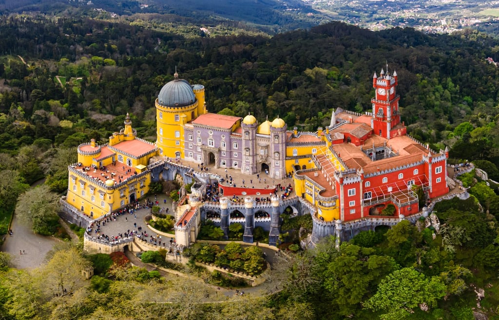 National Palace of Pena, Sintra region, Lisbon. Aerial drone panorama of Famous place in Portugal 