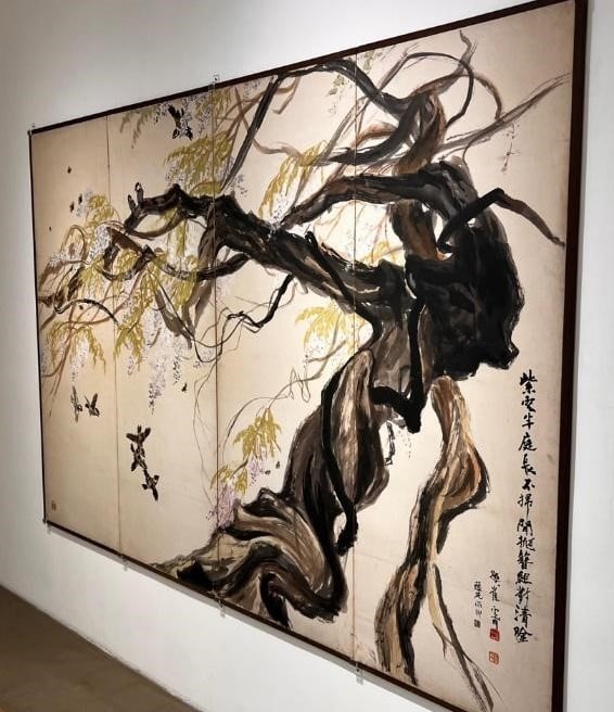 Wisteria and Sparrows 1950s ink and color on paper four panel folding screen