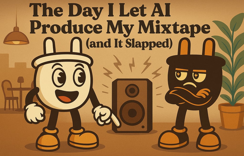 Plugsy and Smugsy stand beside a speaker in a retro café setting. Plugsy excitedly points at the spe