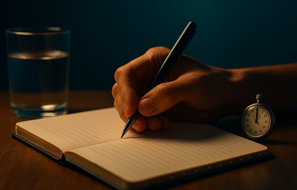 Mão escreve em caderno, copo d’água e cronômetro sugerem rotina tranquila de 21 dias