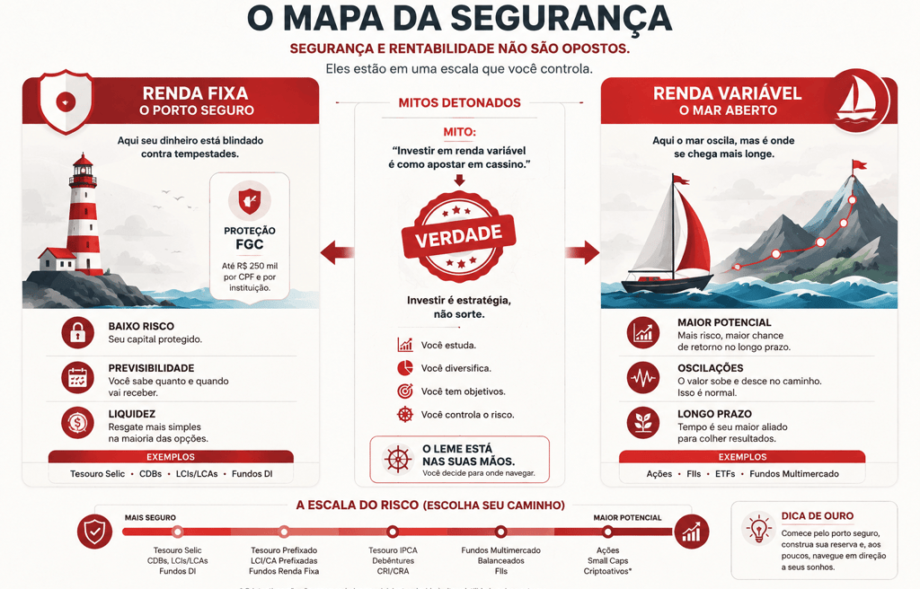 Infográfico compara renda fixa e renda variável, mostrando segurança, risco controlado e potencial de rentabilidade.