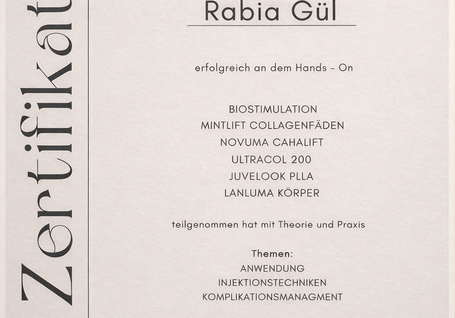 Official aesthetics workshop certificate for Rabia Gül from Heilpraktikerin Nilay Dogan for biostimulation and injection