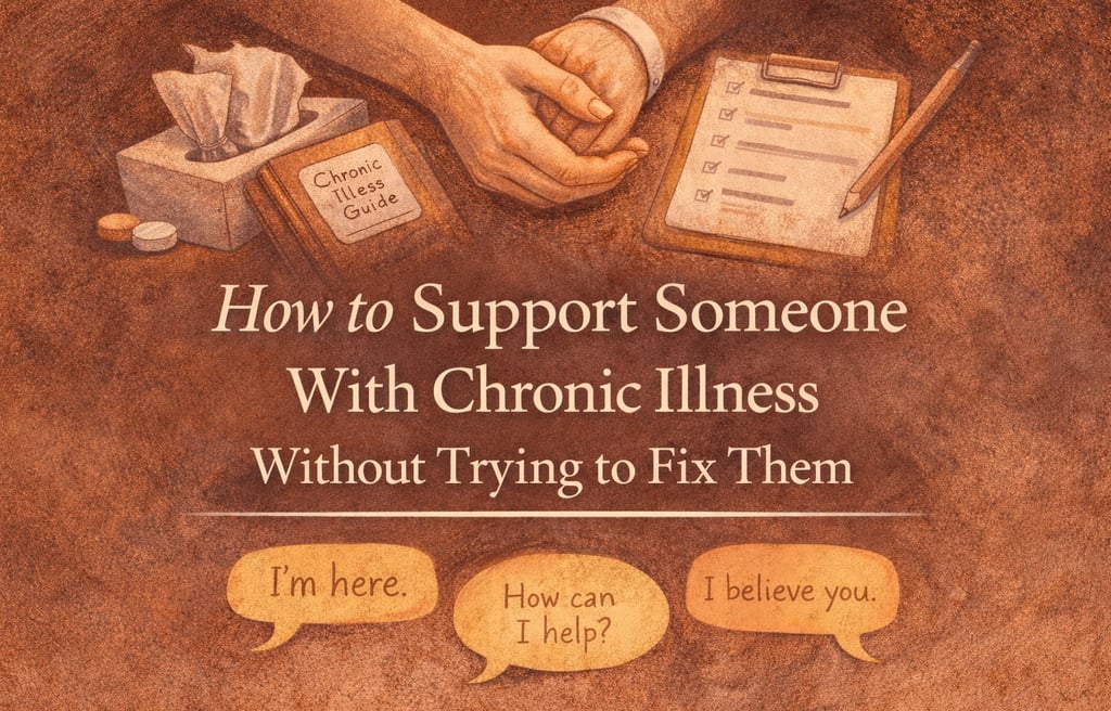 Top: crossed hands with medical band, clipboard checklist, pills, tissue paper, chronic illness guide. Bottom: three quotes