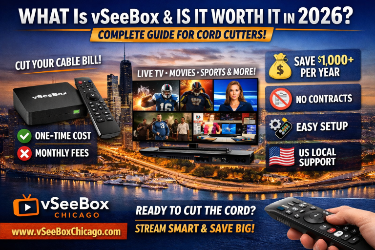 vSeeBox streaming device on a TV with Chicago skyline background promoting cord cutting and no month