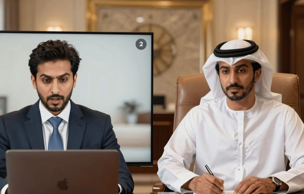 Arab businessmen in traditional and formal attire conducting a virtual meeting with a laptop.