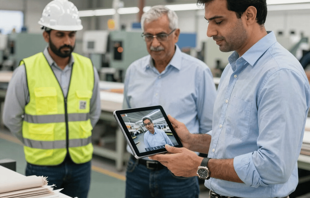 Engineers in a factory using a digital tablet for a remote video consultation during production.