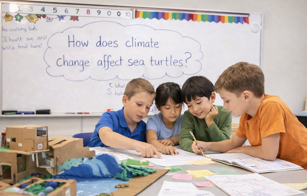 children collaborating on a group project about sea turtles