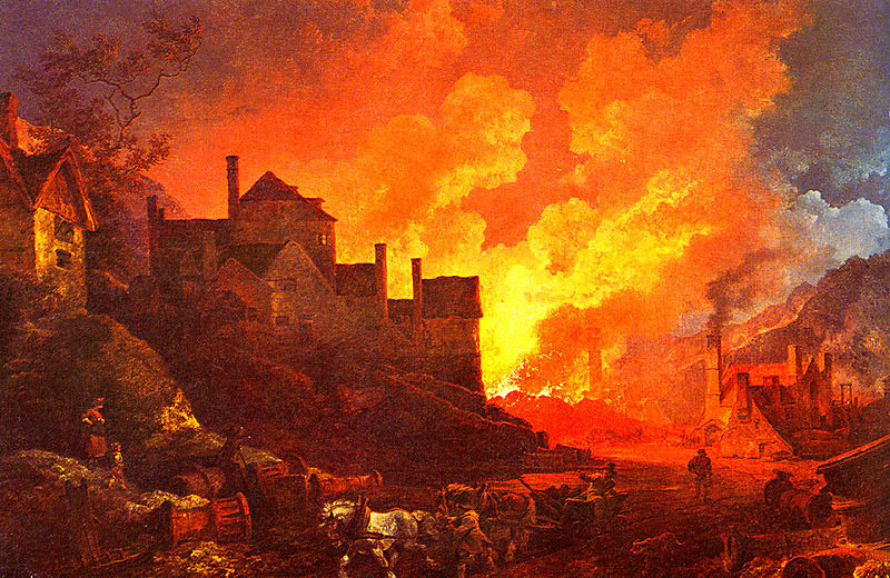Oil painting of Coalbrookdale by Night depicting glowing blast furnaces during the Industrial Revolution.