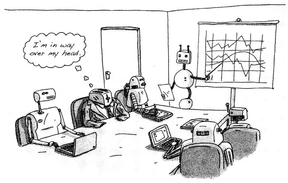 Cartoon with robots in a board meeting.
