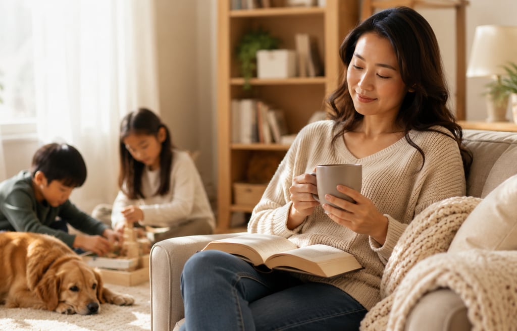 christian mother enjoys coffee and a book while her children and golden retriever play 