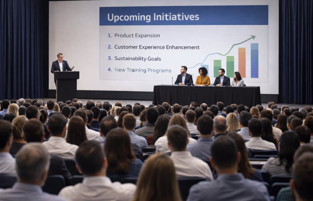 A speaker presents upcoming business initiatives to a large audience during a corporate conference.