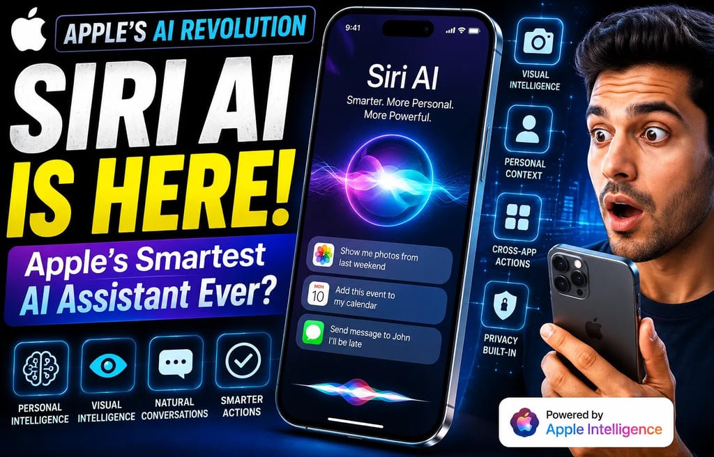 Siri AI YouTube thumbnail featuring Apple's AI Revolution headline, futuristic iPhone displaying Sir