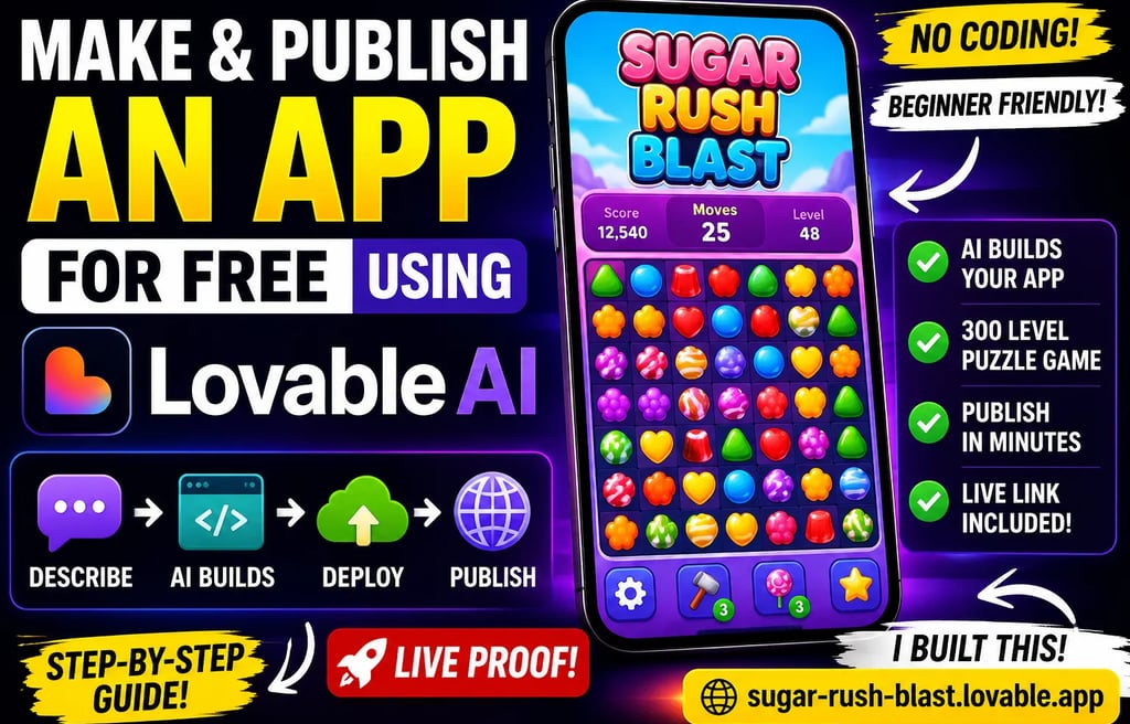 YouTube thumbnail for a tutorial about how to make and publish an app for free using Lovable AI, fea