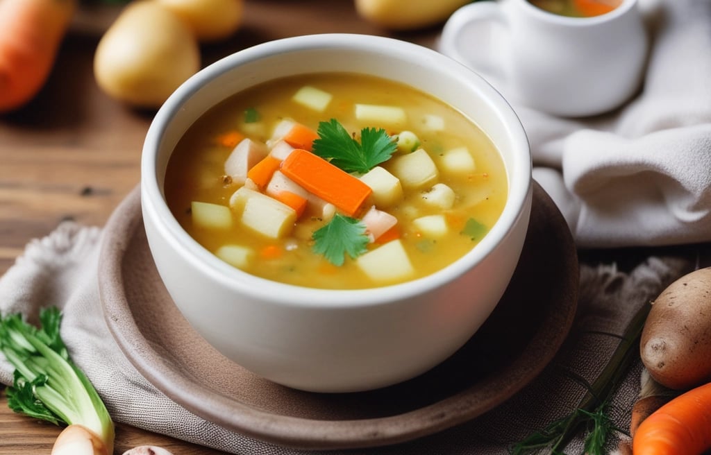 Warm bowls of homemade vegetable soup served at the table, a comforting meal for sharing and fellows
